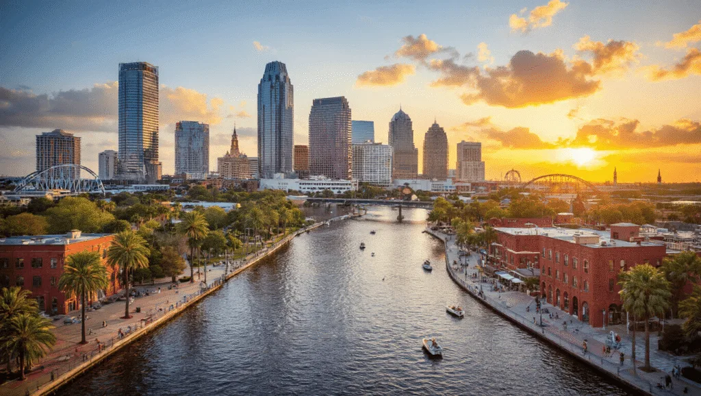 "Aerial view of downtown Tampa featuring the Hillsborough River, skyscrapers, historic Ybor City District, modern Channelside District, Busch Gardens, and outdoor activities along the Riverwalk during a sunny spring day"