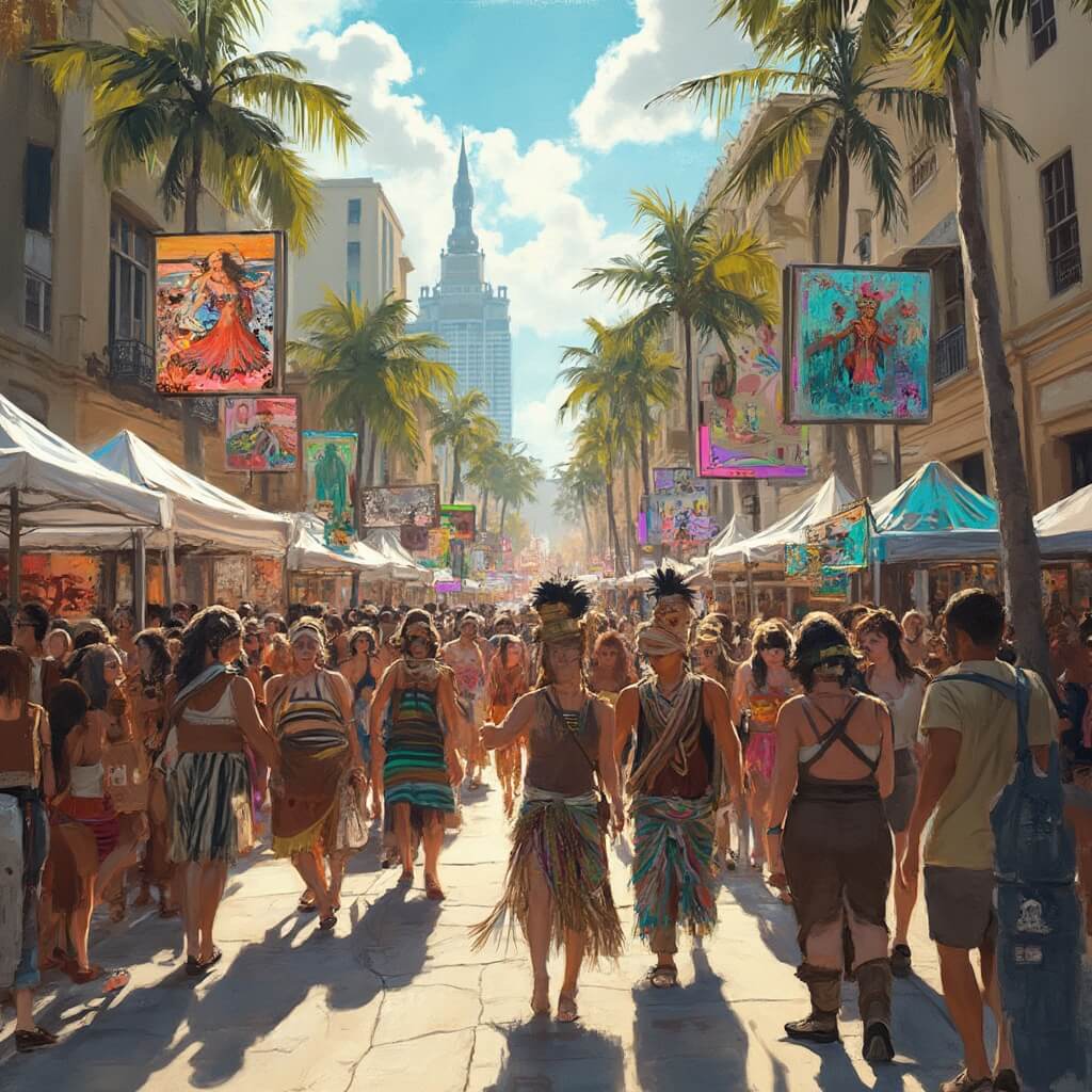 Unlocking Tampa's March Magic: Your Ultimate Guide to Sun, Culture, and Adventure Diverse crowd enjoying the vibrant and energetic Gasparilla Festival of the Arts on a sunny day, with colorful art displays, street performers, and the historic urban landscape of Tampa in the background