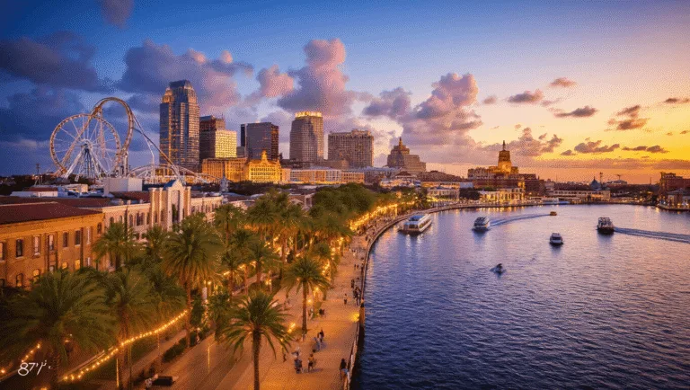 Tampa in May: Your Ultimate Insider's Guide to Sun, Fun, and Unforgettable Adventures "Aerial view of Tampa cityscape during golden hour, with illuminated Riverwalk, palm trees, boats on Tampa Bay, roller coasters from Busch Gardens and historic buildings of Ybor City, temperature gauge indicating 87°F"