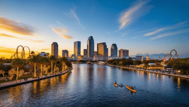 Why Tampa in November is Your Ultimate Fall Escape (Weather, Events & Hidden Gems Revealed!) "Kayakers on Tampa Riverwalk, with palm trees, Christmas lights, downtown skyline, and distant Busch Gardens under a clear November sky during golden hour"