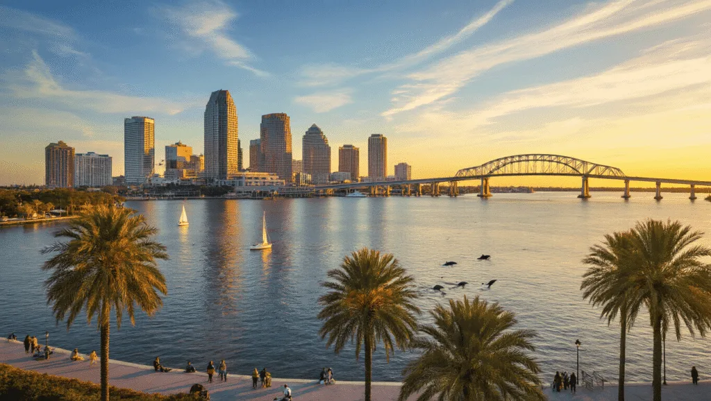 "Aerial view of Tampa skyline and waterfront with Sunshine Skyway Bridge in the distance, sailboats in the harbor, dolphins breaching in Tampa Bay under clear blue skies, and people on the Riverwalk enjoying the warm winter sunset"
