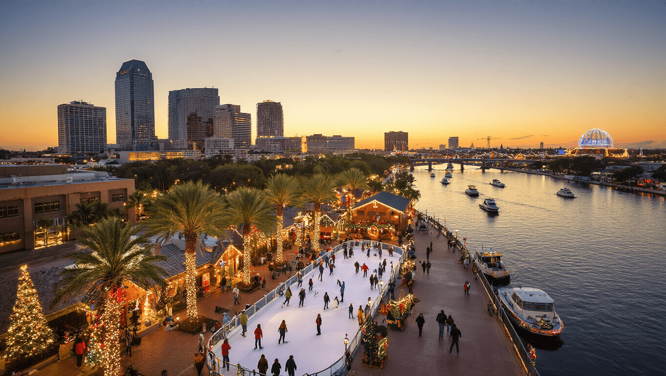 "Aerial view of downtown Tampa during December sunset with Christmas decorations, lit Tampa Riverwalk, Curtis Hixon Waterfront Park's Winter Village, decorated boats in the Hillsborough River, and Busch Gardens' lights in the distance."