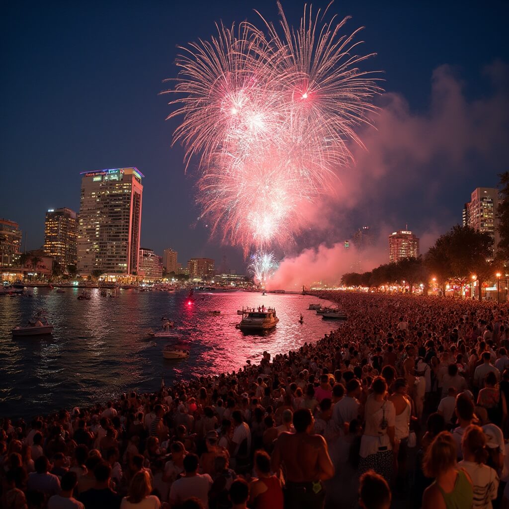 Sizzling Tampa: Your Ultimate July Travel Guide (Without the Tourist Trap Nonsense) Multicultural crowd celebrating Independence Day at Armature Works in Tampa with fireworks over downtown, people in patriotic attire, lively waterfront scene with boats