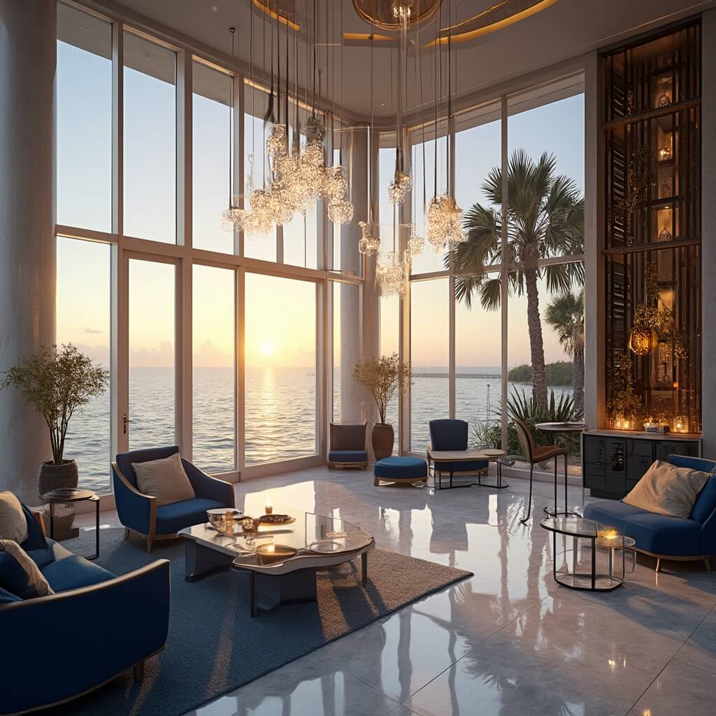 Tropical Paradise Awaits: Why Tampa in February is Your Ultimate Winter Escape Luxurious Tampa Bay waterfront hotel lobby at sunset with panoramic views, modern elegant blue and cream furniture, crystal chandeliers, polished marble floors reflecting golden light, and palm trees visible through floor-to-ceiling windows