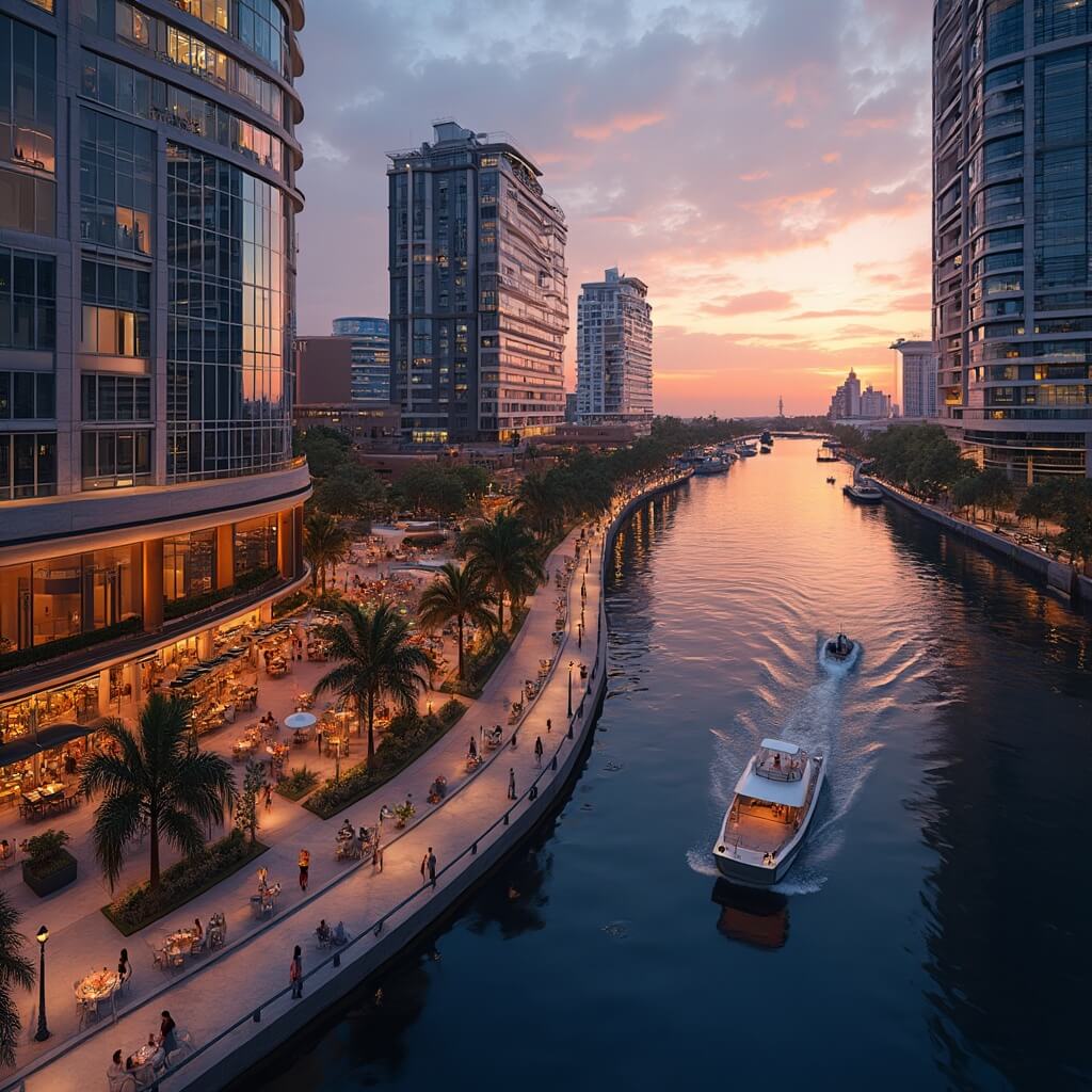 Tampa in August: Your Ultimate Insider's Guide to Surviving (and Thriving) in Florida's Hottest Month Aerial view of Tampa Riverwalk at sunset with path illuminated by LED lights, skyscrapers reflecting sky colors, boats on Hillsborough River, people dining outdoors, mix of contemporary architecture and nature, and palm tree silhouettes against twilight sky
