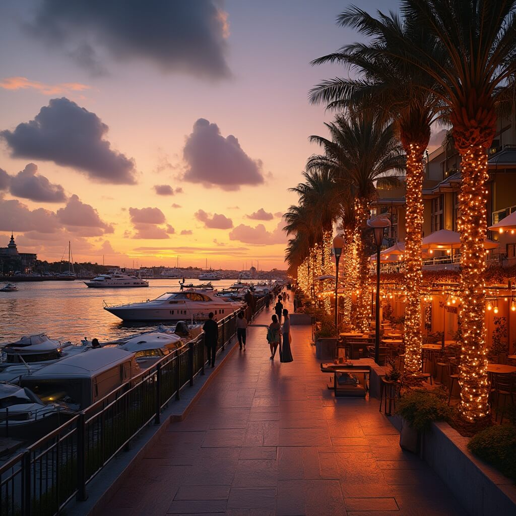 Why Tampa in December Might Just Be Your Perfect Winter Escape (Without the Freezing Cold!) Sunset view of Tampa Riverwalk in December with palm trees adorned in holiday lights reflected in the calm water, waterfront restaurants, couples walking, luxury boats in the marina, under an orange and purple sky during golden hour