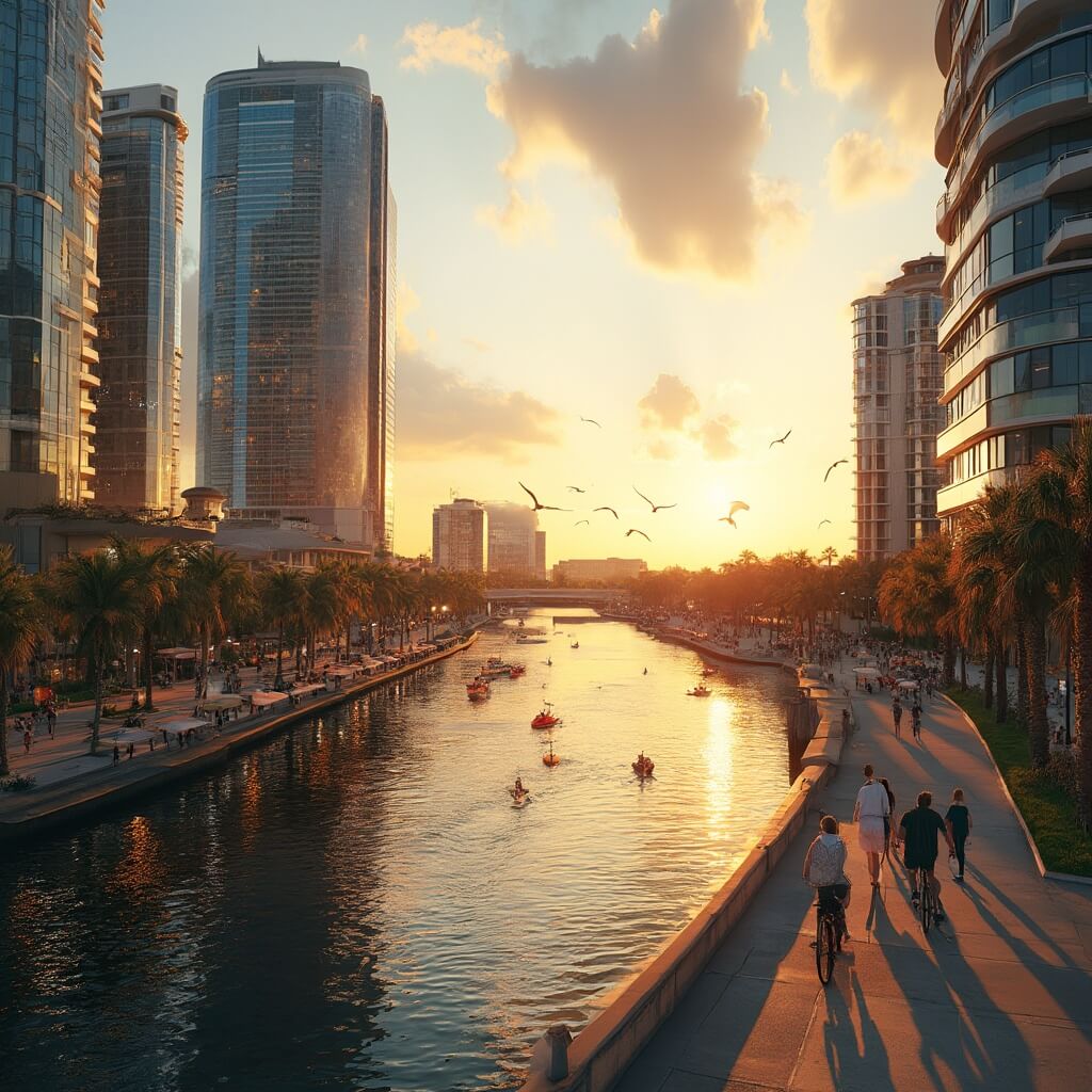 Why Tampa in November is Your Ultimate Fall Escape (Weather, Events & Hidden Gems Revealed!) Panoramic view of Tampa's Riverwalk at sunset with glass buildings reflecting light, kayakers in the water, cyclists and joggers on the path, palm trees, and soaring birds