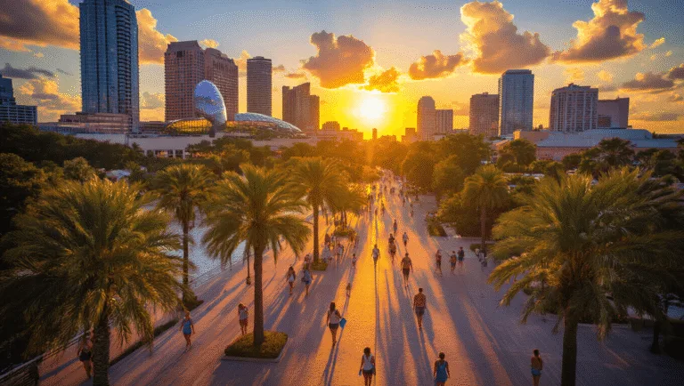 Tampa in August: Your Ultimate Insider's Guide to Surviving (and Thriving) in Florida's Hottest Month "Aerial view of downtown Tampa during a sunset in August, featuring the illuminated Tampa Riverwalk, individuals under palm trees, the Florida Aquarium and Tampa Museum of Art in the background, and signs of intense heat and impending thunderstorm."