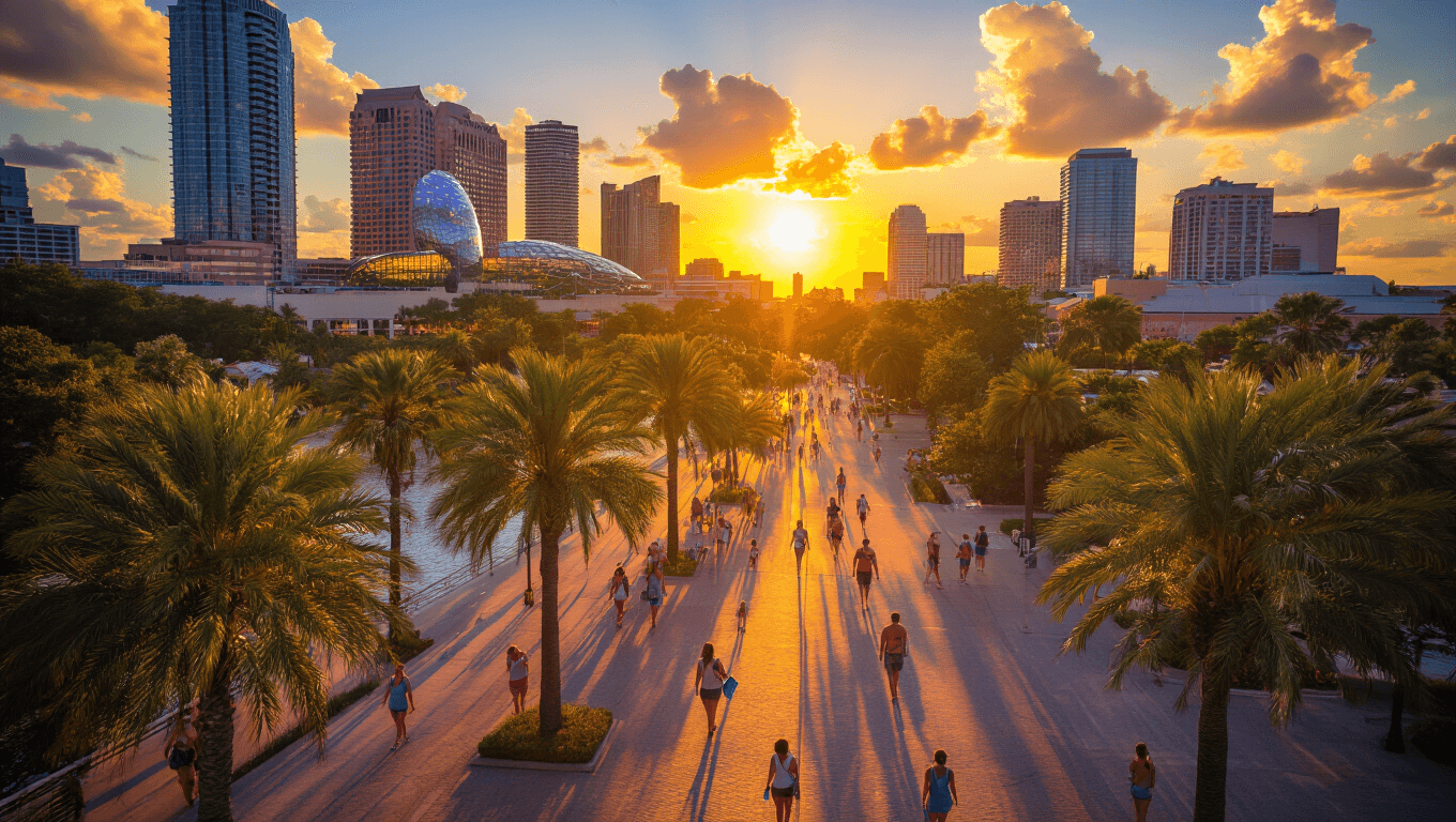 "Aerial view of downtown Tampa during a sunset in August, featuring the illuminated Tampa Riverwalk, individuals under palm trees, the Florida Aquarium and Tampa Museum of Art in the background, and signs of intense heat and impending thunderstorm."