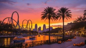 Tampa in October: Your Ultimate Guide to Fall Fun in Florida's Sunshine City "October sunset over Tampa cityscape with Busch Gardens' roller coasters silhouetted against the sky, palm trees, pumpkins, Tampa Riverwalk with Halloween-themed boats, and Ybor City's historic buildings illuminated by string lights."