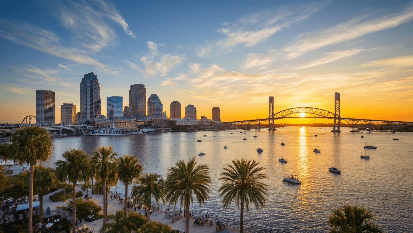 "Aerial view of Tampa's skyline and waterfront at sunset, featuring palm trees, pleasure boats in Tampa Bay, Sunshine Skyway Bridge, Busch Gardens' roller coasters, Riverwalk activity and outdoor cafes."