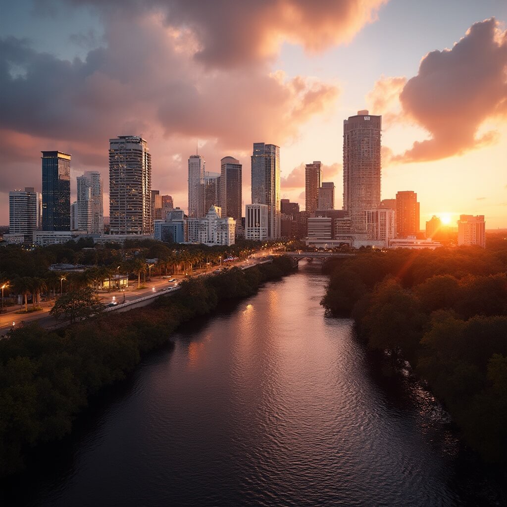 Tampa cityscape at sunset with silhouetted palm trees, Hillsborough River reflecting city lights, and modern downtown buildings under golden light