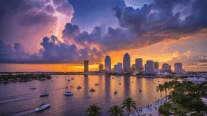 Sizzling Tampa: Your Ultimate July Travel Guide (Without the Tourist Trap Nonsense) "Aerial sunset view of Tampa cityscape reflecting on Hillsborough Bay, featuring thunderclouds, lightning, boats, Riverwalk, palm trees, and University of Tampa's iconic minarets"