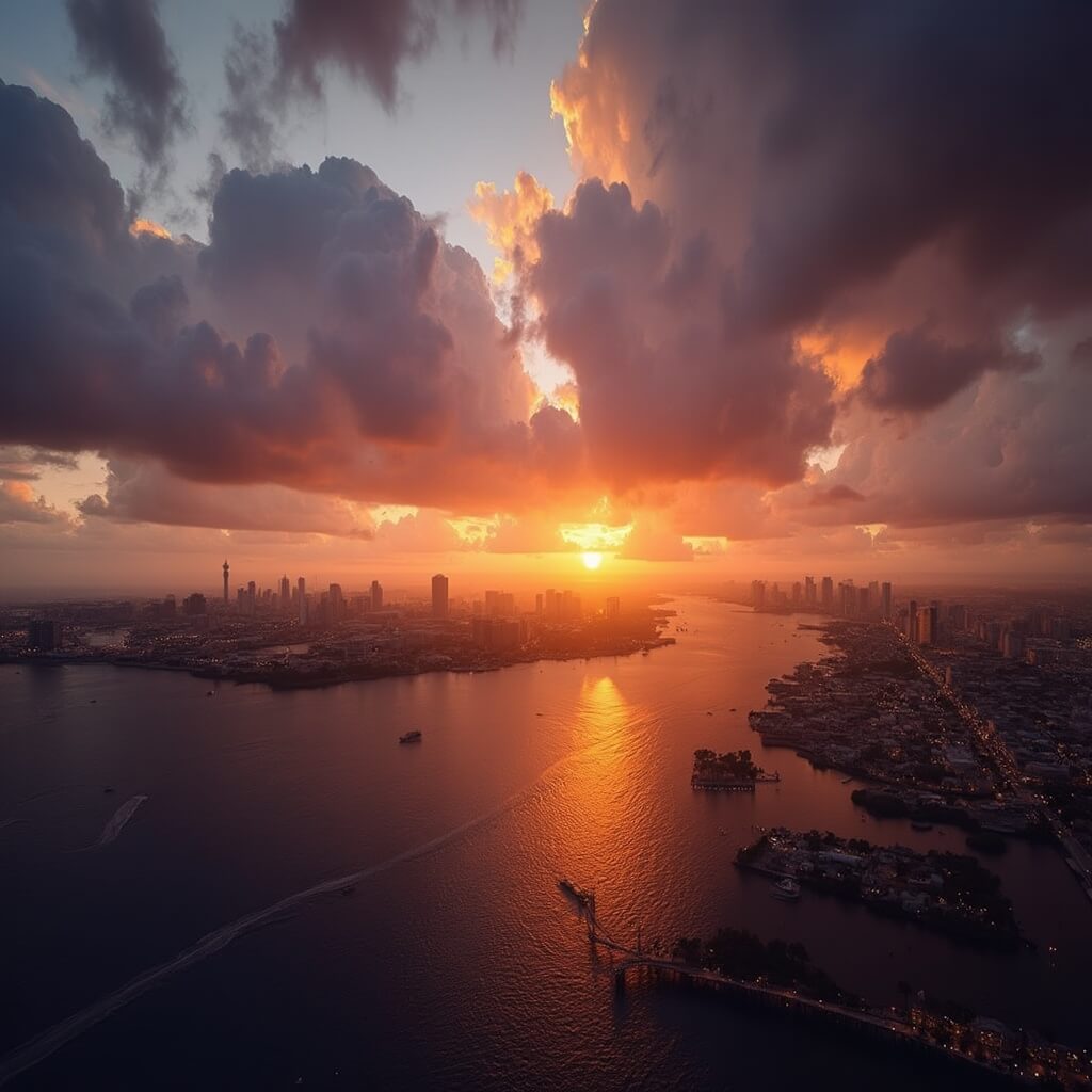 Aerial view of Tampa waterfront at sunset with stormy clouds, boat silhouettes, and city lights reflecting on the water