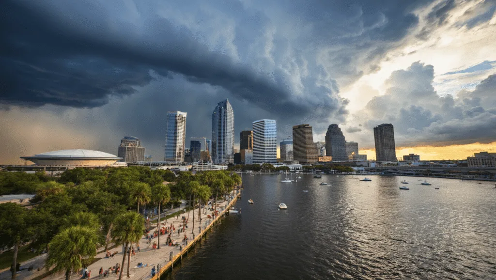 🌞 Sweating it Out: Your Ultimate Guide to Tampa in June "Aerial view of Tampa's skyline under dark thunderclouds, with golden sunlight peaking through, people seeking shade by Riverwalk, boats in the harbour, and Amalie Arena's architecture, with distant lightning and reflective water surface"