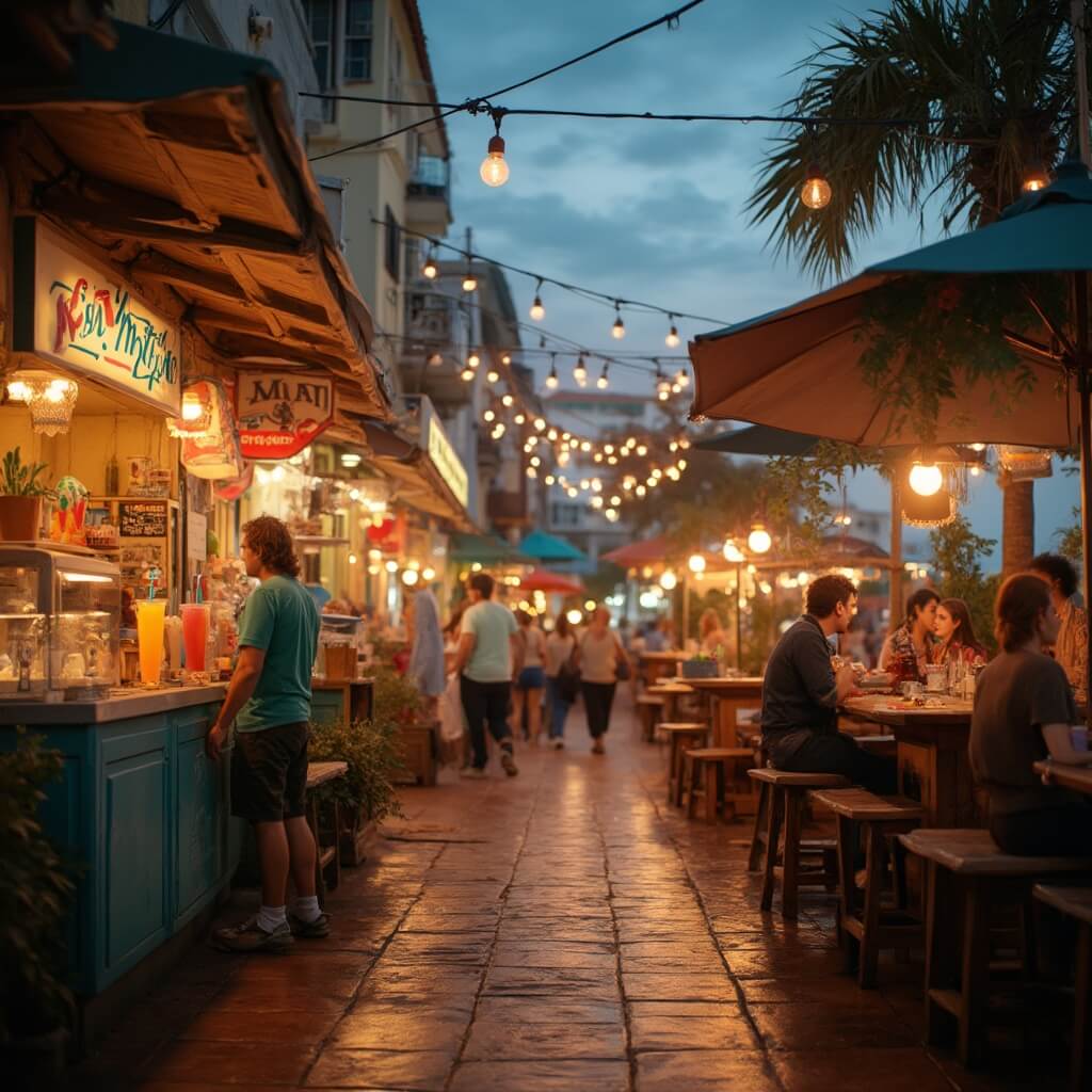 Sizzling Tampa: Your Ultimate July Travel Guide (Without the Tourist Trap Nonsense) Street-level view of a lively Tampa outdoor market at twilight with warm Edison bulb lighting, vendor stalls selling tropical fruit smoothies and artisan ice cream, fresh seafood displays, vintage wooden tables, and diners under cooling sprayers.