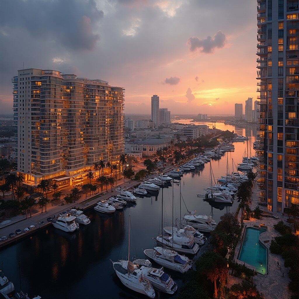 Sizzling Tampa: Your Ultimate July Travel Guide (Without the Tourist Trap Nonsense) Dusk cityscape of Tampa waterfront with high-rise hotels, illuminated rooftop pools, yacht marina, and swaying palm trees, reflecting the golden sunset