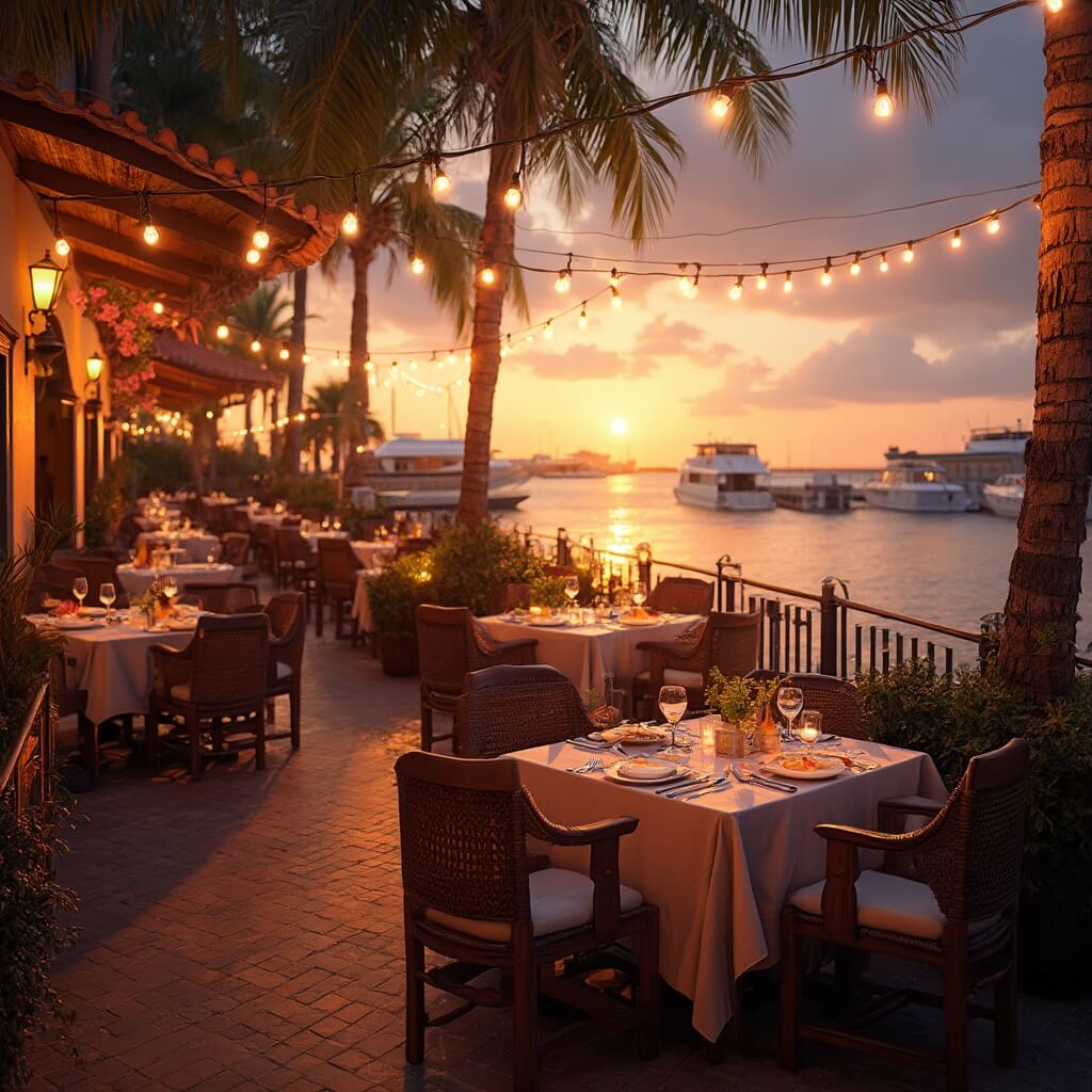 Why Tampa in September Will Blow Your Mind: A Local's Insider Guide Elegant waterfront restaurant in Tampa with Mediterranean architecture, elegant table settings, fresh seafood platters, and string lights overhead during golden hour with Tampa Bay sunset reflecting orange and purple hues on water