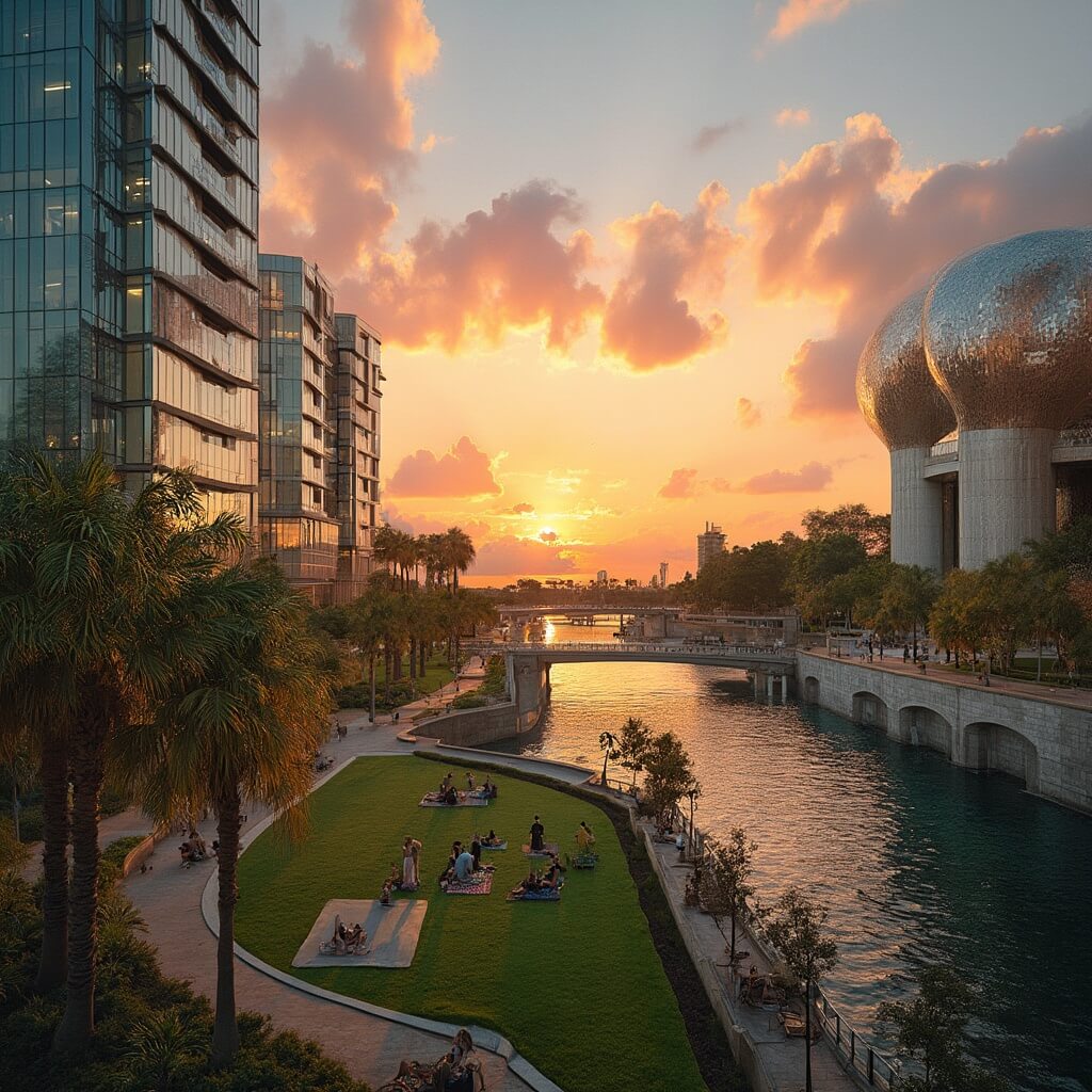 Unlocking Tampa's March Magic: Your Ultimate Guide to Sun, Culture, and Adventure A vibrant sunset at Curtis Hixon Waterfront Park in Tampa with glass buildings reflecting colorful sky, palm trees, Hillsborough River, people relaxing in the park, and the Tampa Museum of Art in the background
