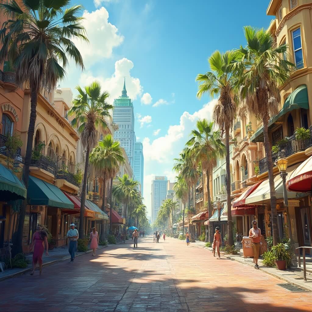 Sunny Tampa cityscape with historic Ybor City streets, vintage architecture, pedestrians, and palm trees under clear blue skies