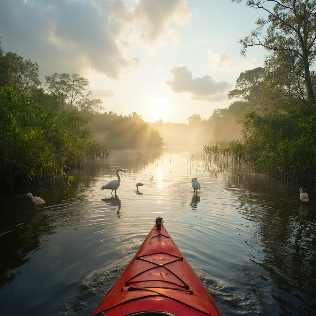 Jacksonville in September: Your Ultimate Insider's Guide to Florida's Hidden Coastal Gem Red kayak gliding in calm waters surrounded by green vegetation at Timucuan Ecological Preserve, under a partly cloudy sky with golden light and distant mist, with egrets and herons near the shoreline