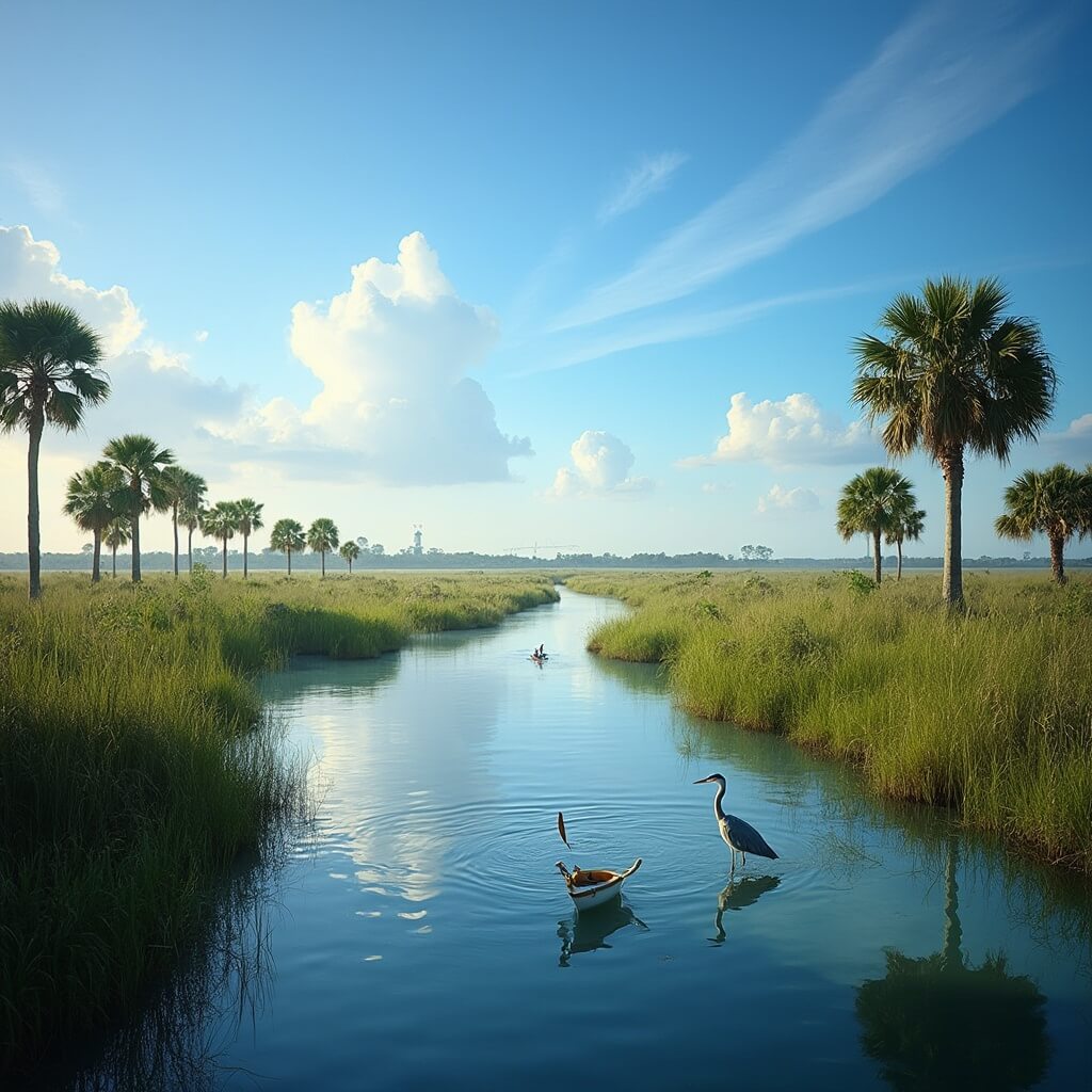 Jacksonville in March: Your Ultimate Guide to Sun, Sports, and Spectacular Adventures Daytime view of Timucuan Ecological and Historic Preserve featuring a kayak trail, coastal wetlands, a Great Blue Heron in the foreground, and distant kayakers under a blue sky with March sunlight creating water reflections.