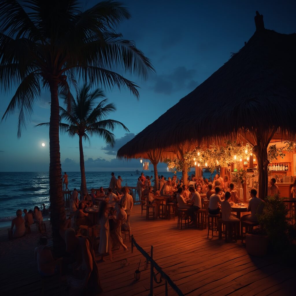Why Cocoa Beach in October is Your Ultimate Hidden Paradise (And Why You'll Regret Missing It) Reggae band performing at lively beachside bar with a tiki-style wooden deck, under moonlit night sky silhouetting palm trees, with relaxed crowd dancing and ocean waves in the background.