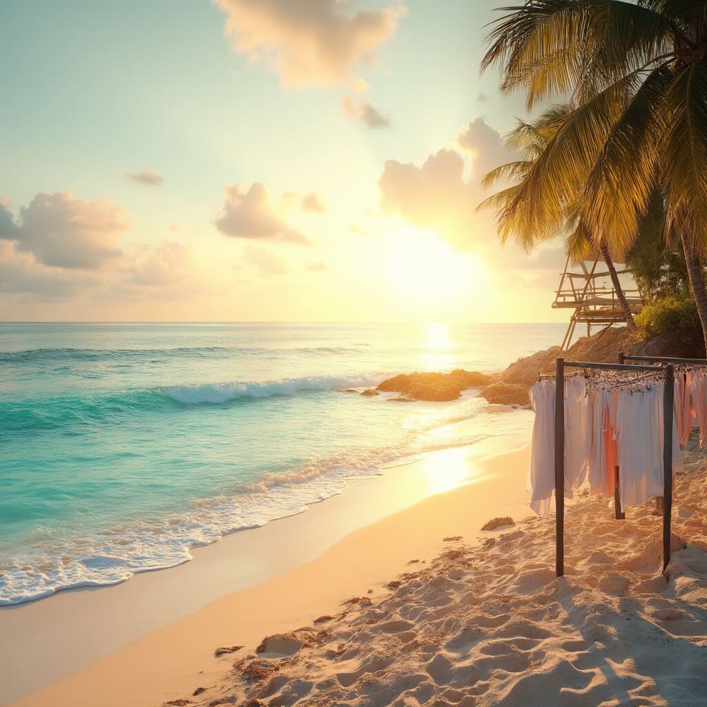 Why Cocoa Beach in July Will Blow Your Mind (Without Blowing Your Budget) Tropical beach at sunrise with golden light on sandy shore, turquoise water, beach clothes on equipment, empty lifeguard station, and pastel sky with orange and pink hues