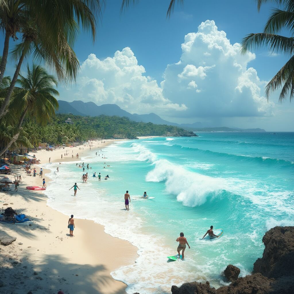Surfers riding waves on a vibrant beach with white sand, palm trees, turquoise water under bright summer sunlight, and distant thunderclouds hovering over people of various ages enjoying beach activities.