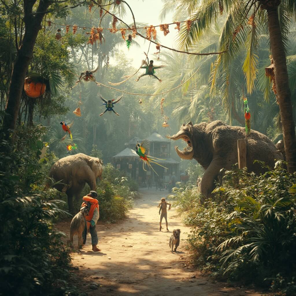 Why Cocoa Beach in December is Your Secret Winter Paradise (Without the Snow) Brevard Zoo wildlife scene with parrots, monkeys, and tropical vegetation during holiday season with festive decorations and warm afternoon sunlight