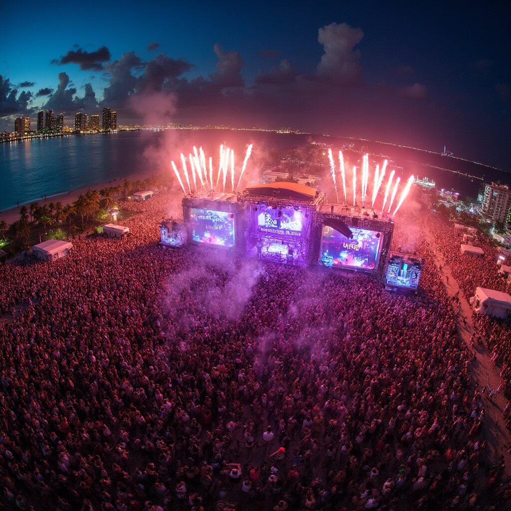 Miami Beach in March: Your Ultimate Beach Paradise Revealed! Aerial view of Ultra Music Festival in Miami with a large stage, dancing crowds, laser lights, pyrotechnics, distant city skyline and bay reflection.