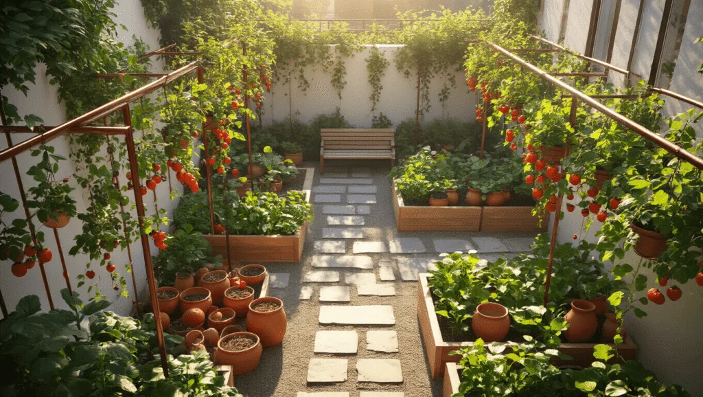 Aerial view of a sunlit urban courtyard garden at golden hour, featuring vibrant vegetable and herb pots, copper trellises with ripe tomatoes, cascading strawberry plants, stone pathways, raised cedar planters, and a weathered wooden bench against whitewashed walls, with dappled light filtering through a pergola.