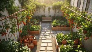 How to Create a Thriving Courtyard Vegetable Garden: Your Ultimate Urban Growing Guide Aerial view of a sunlit urban courtyard garden at golden hour, featuring vibrant vegetable and herb pots, copper trellises with ripe tomatoes, cascading strawberry plants, stone pathways, raised cedar planters, and a weathered wooden bench against whitewashed walls, with dappled light filtering through a pergola.