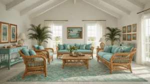 Old Florida Decor: Capturing the Nostalgic Charm of Sunshine State Living Photorealistic Florida living room with vaulted ceiling, vintage rattan furniture, palm-pattern rug, and gallery wall of postcards, bathed in golden hour light.