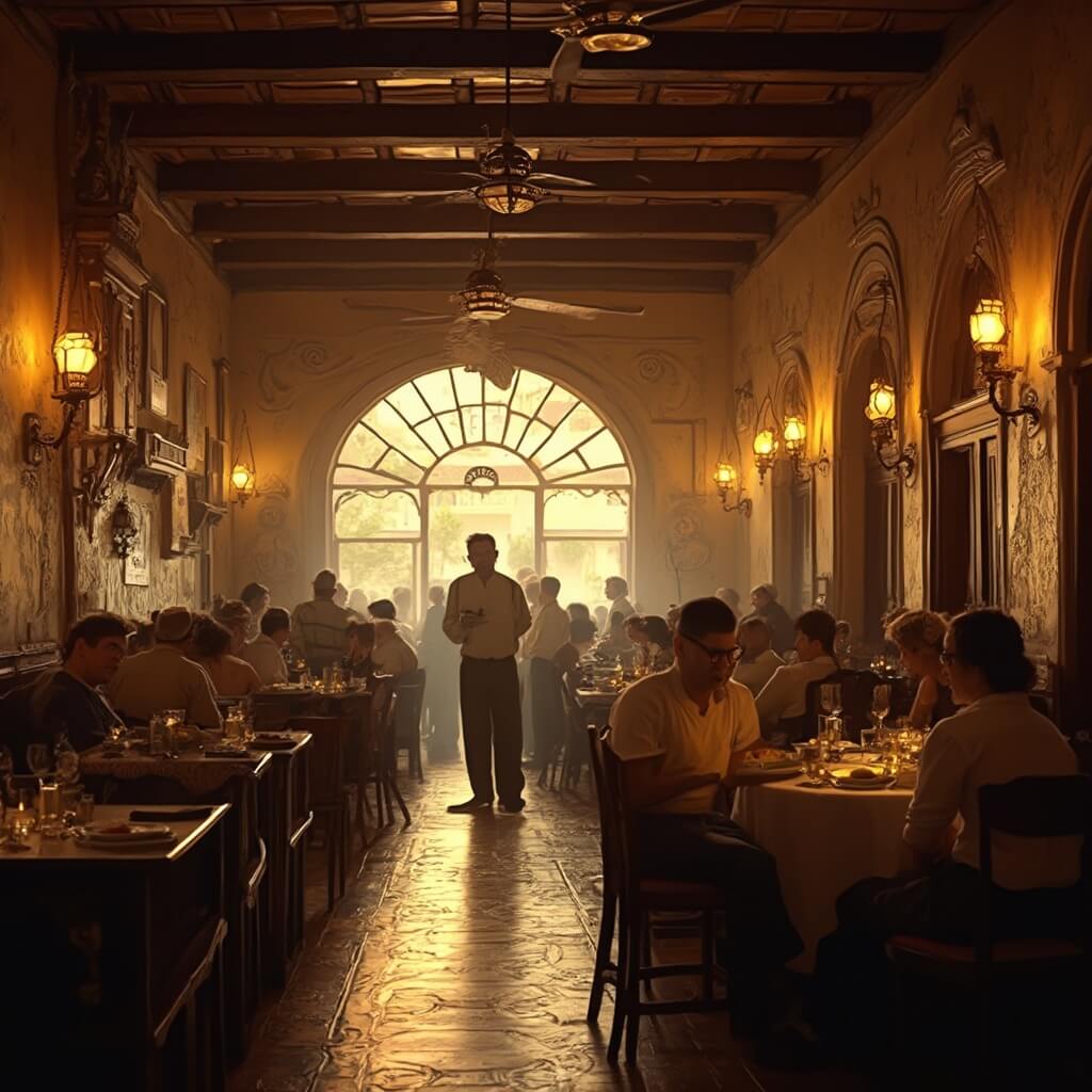 Tampa in May: Your Ultimate Insider's Guide to Sun, Fun, and Unforgettable Adventures Interior of a vintage Cuban restaurant with traditional 1920s Spanish colonial architecture, ornate tilework, dark wooden furniture, and waiters serving dishes, all under warm golden lighting