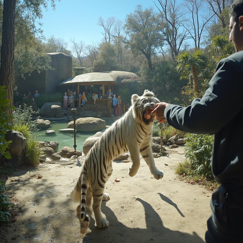 Escape the Cold: Why Jacksonville in February is Your Secret Winter Paradise White tiger reaching for a piece of meat during a feeding session at Jacksonville Zoo, with visitors watching in awe from behind viewing glass, under a clear blue February sky.