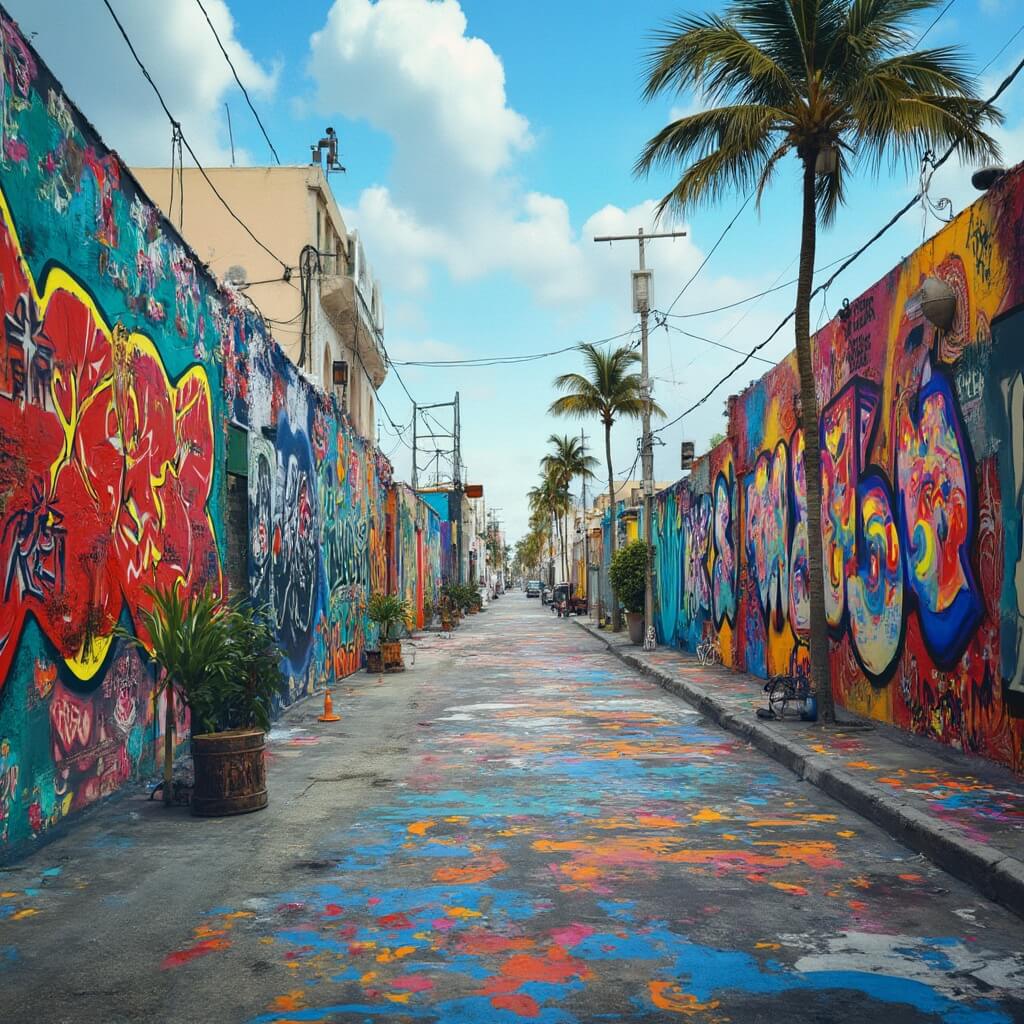 Miami Beach in February: Your Ultimate Sun-Soaked Winter Escape Guide Artists creating vibrant graffiti murals in Wynwood Walls' colorful street scene with palm trees in the background