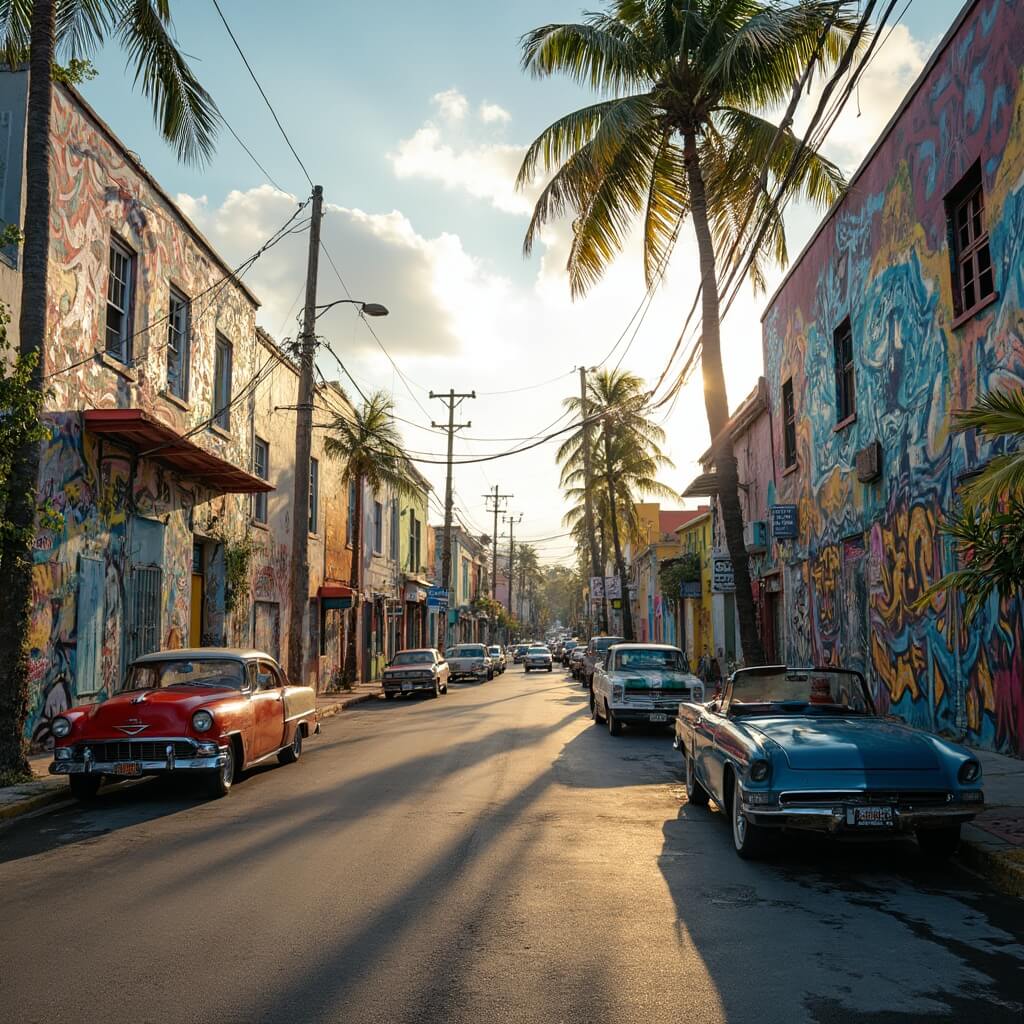 South Beach in May: Your Ultimate Paradise Escape (Without the Tourist Traps!) Colorful graffiti murals on Wynwood Art District streets with vintage cars, tropical plants, and striking afternoon shadows, devoid of people