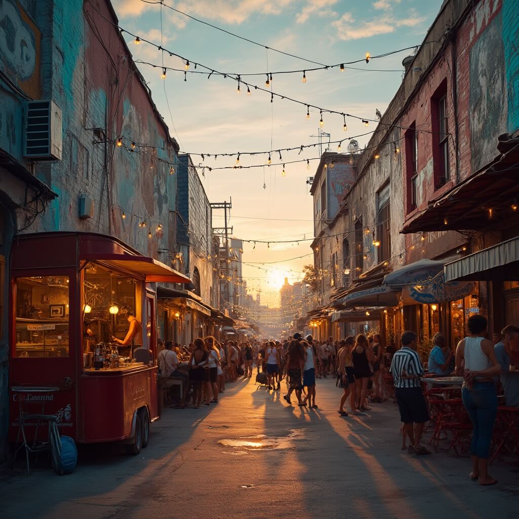 Miami in May: Your Ultimate Sun-Soaked Adventure Guide Evening scene in Miami's Wynwood district, featuring murals on warehouse walls, mingling crowds, food trucks, a live band performing, and warm string lights, during golden hour.