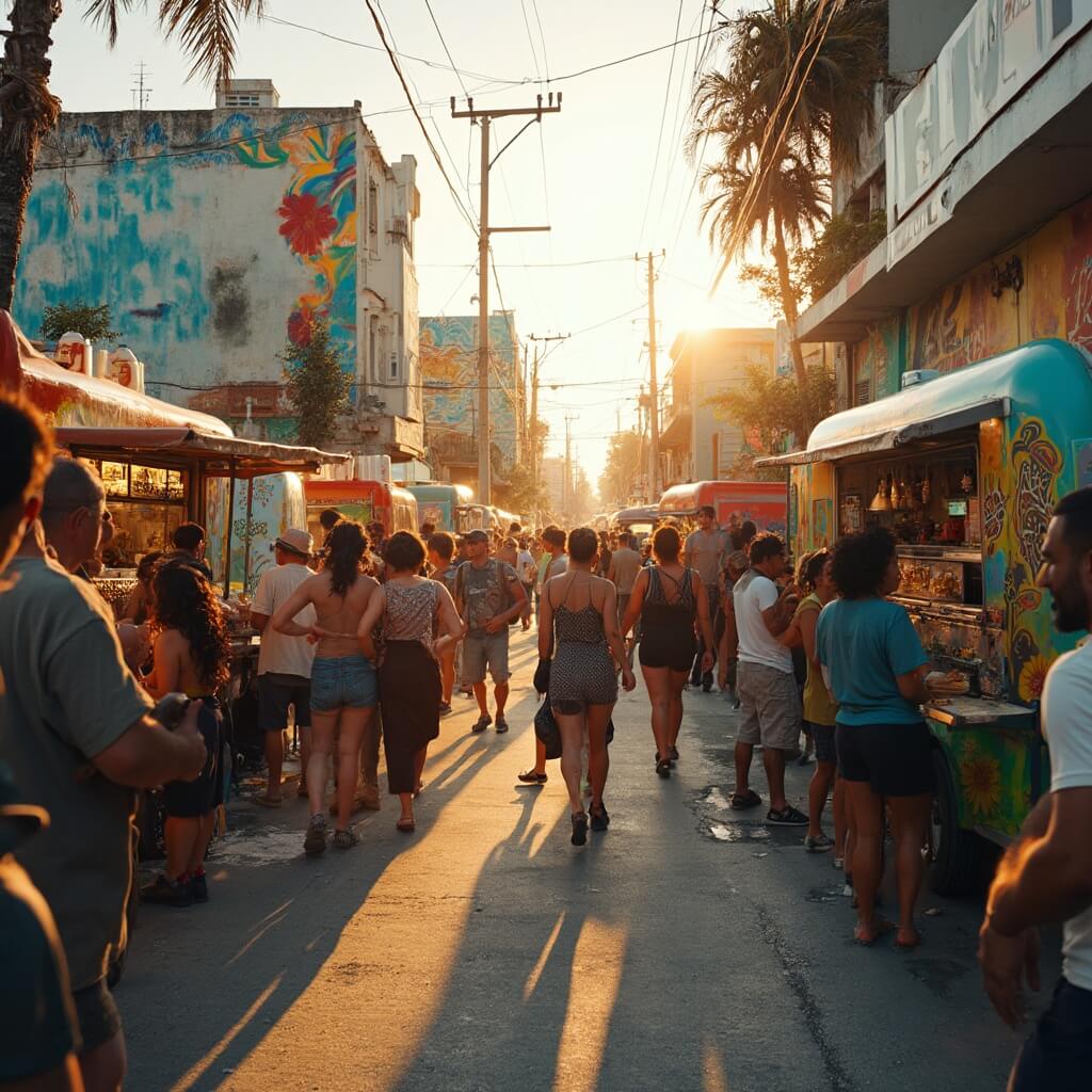 Miami in May: Your Ultimate Sun-Soaked Adventure Guide Colorful food trucks and diverse crowd in a lively Wynwood, Miami street food scene with local artists painting murals and golden-hour sunlight creating long shadows.
