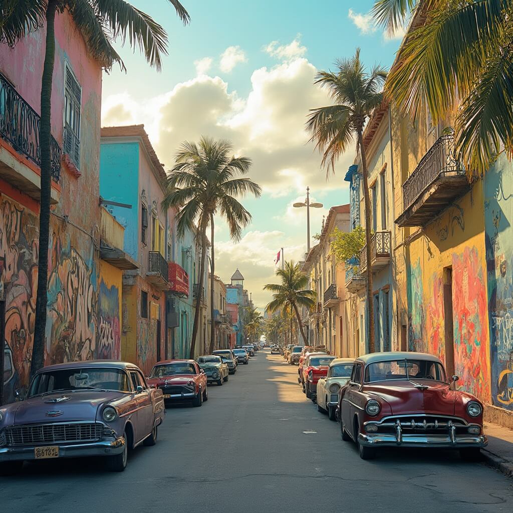 Miami in September: Your Ultimate Insider's Guide to a Secret Paradise 🌴🍹 Colorful graffiti murals on buildings in Wynwood Art District with vintage classic cars, palm trees, and Cuban architecture in golden afternoon light