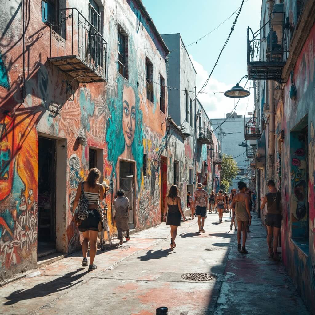 Miami in July: Your Ultimate Sizzling Summer Survival Guide Urban artists painting colorful murals on Wynwood Walls buildings in the bright sunlight, diverse people walking by with distinct street styles, viewed from a realistic street-level perspective.