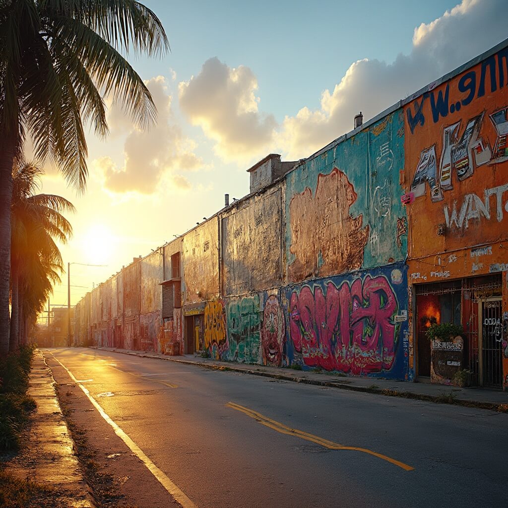 Miami in September: Your Ultimate Insider's Guide to a Secret Paradise 🌴🍹 Panoramic view of vivid graffiti murals on Wynwood Walls at golden hour with palm trees' long shadows and tropical plants foreground