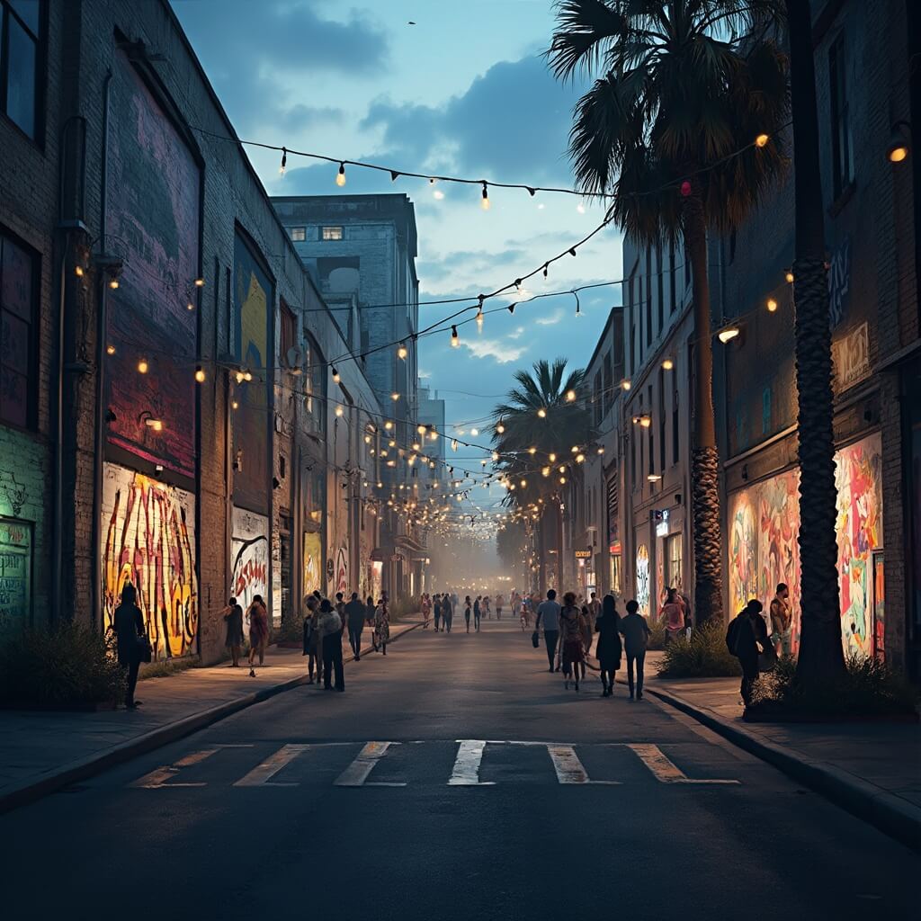 Miami in October: Your Ultimate Tropical Playground Awaits (Without the Summer Sweat) Evening scene at Wynwood Walls with massive street art murals, people exploring, string lights overhead, and palm tree shadows in high contrast, moody lighting
