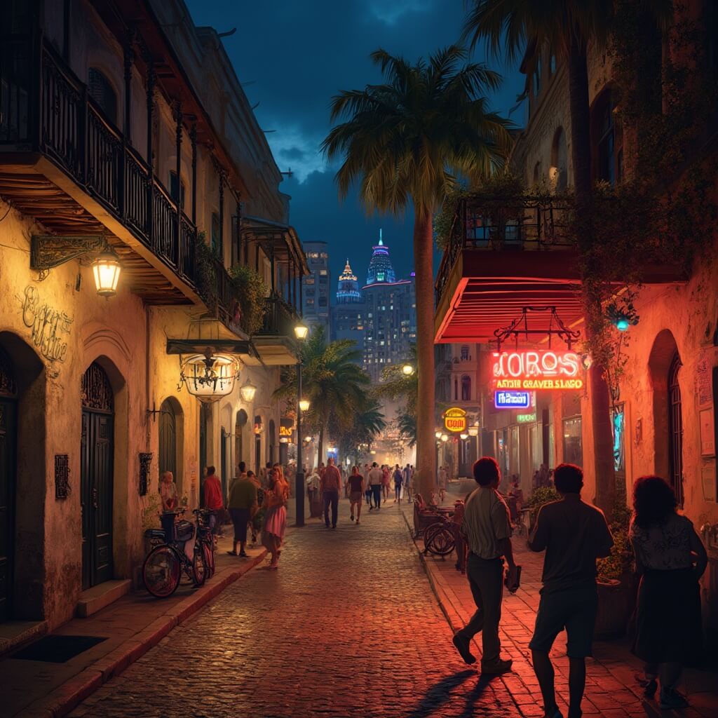 Why Tampa in December Might Just Be Your Perfect Winter Escape (Without the Freezing Cold!) Diverse crowd mingling in historic Ybor City at night, with Spanish colonial architecture, glowing streetlights, neon reflections on cobblestones and a jazz club entrance bathed in golden light.