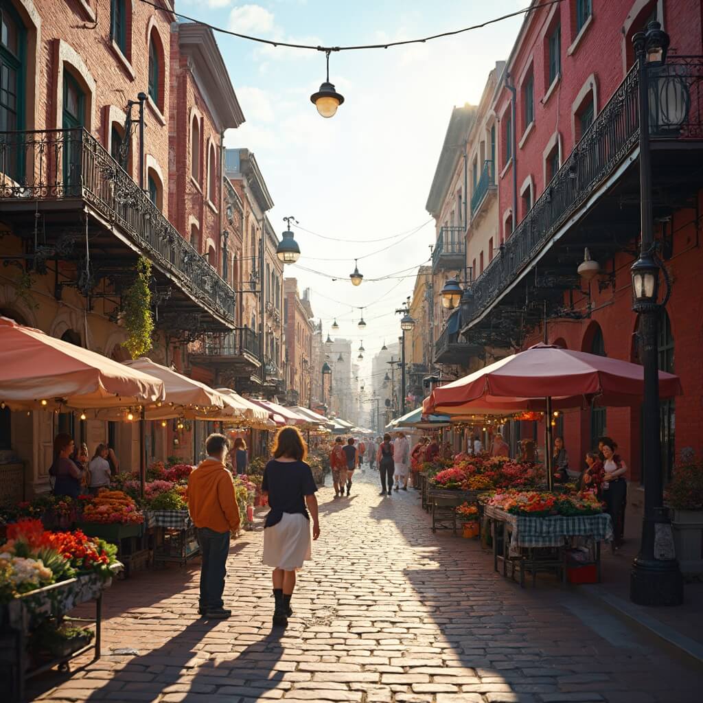 Tampa in April: Your Ultimate Guide to Sun, Fun, and Unforgettable Adventures Morning farmers market in historic Ybor City with red brick buildings, iron balconies, colorful stalls, vintage streetlamps, and cobblestone streets under soft morning light