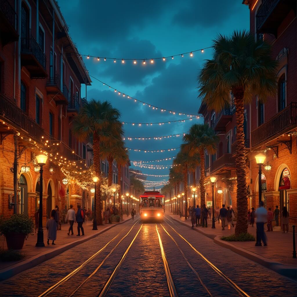 Tampa in August: Your Ultimate Insider's Guide to Surviving (and Thriving) in Florida's Hottest Month Nighttime scene in Ybor City with historic brick buildings, street lamps, cobblestone streets, neon signs, palm trees and a trolley car in distance