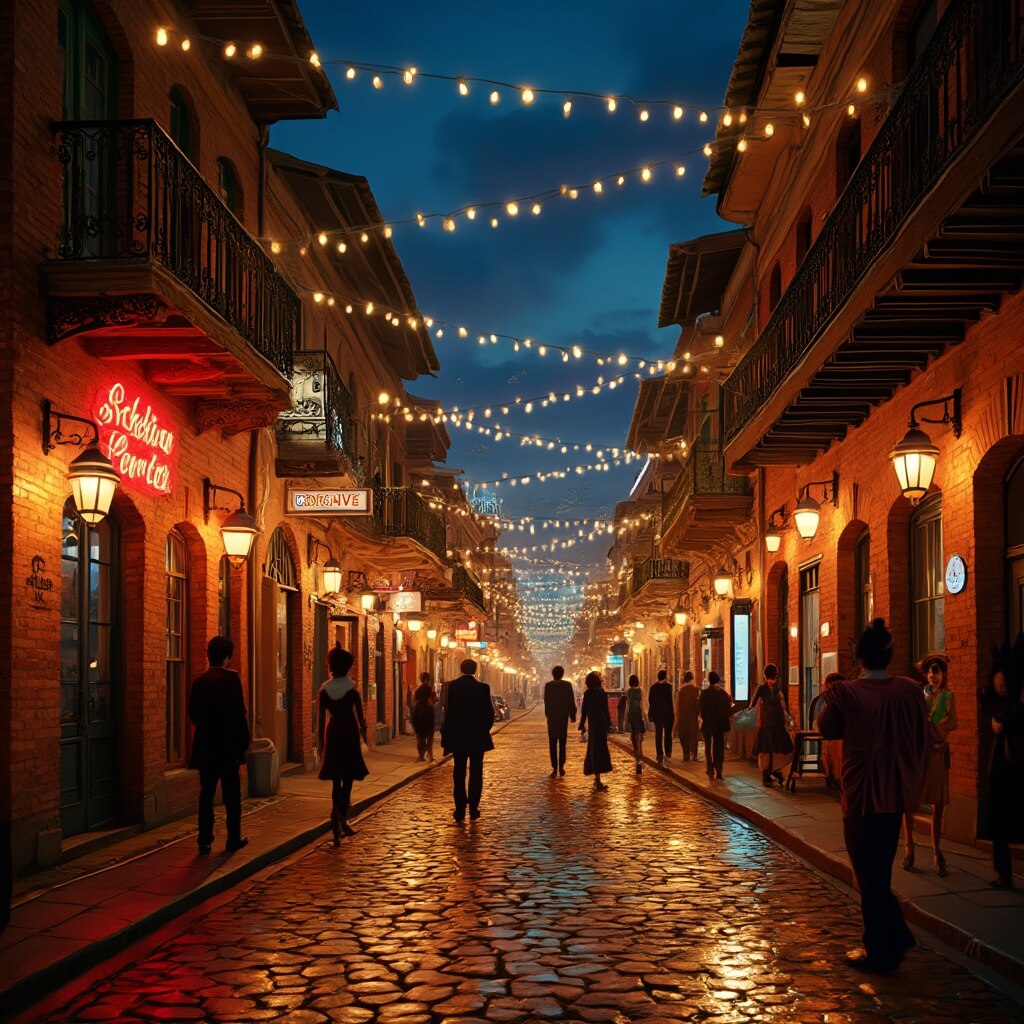 Tropical Paradise Awaits: Why Tampa in February is Your Ultimate Winter Escape Vibrant nightlife in Ybor City with historic buildings, warm street lamps, reflective cobblestone streets, fairy lights, and people near Spanish-style architecture