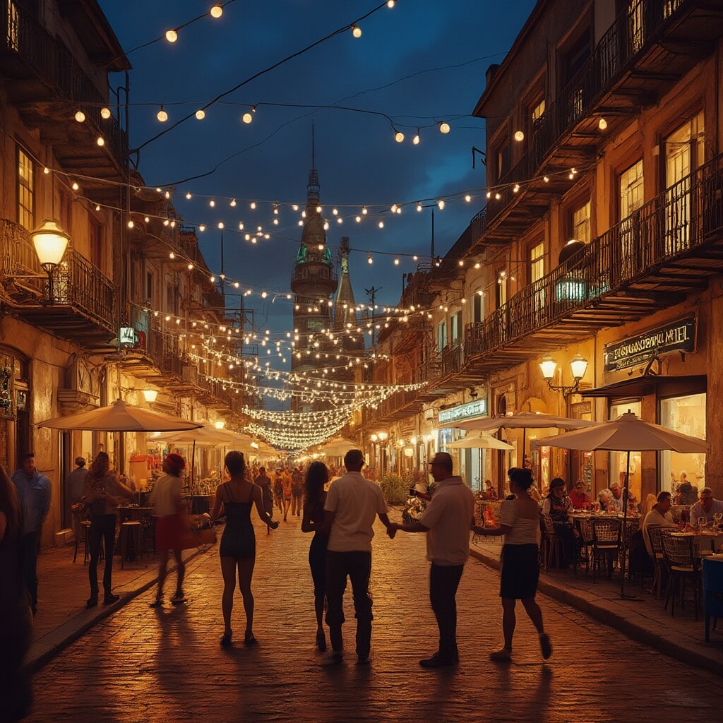 🌞 Sweating it Out: Your Ultimate Guide to Tampa in June Vibrant Ybor City nightlife featuring historic brick streets, outdoor salsa dancers, Latin music performers, Cuban architecture with wrought-iron balconies, cigar factories, and authentic restaurants with outdoor seating under café lights.