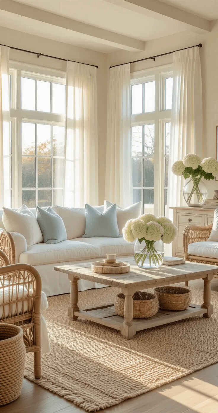 Coastal Grandma Decor: Your Ultimate Guide to Effortless Seaside Elegance A sunlit living room with sheer curtains, a cream slipcovered sofa, rattan armchairs, and a driftwood coffee table, featuring fresh hydrangeas and warm light creating a cozy atmosphere.